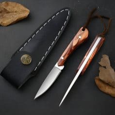 Stainless steel knives with wooden handles on black surface, surrounded by autumn leaves, showcasing high-quality kitchen utensils for home and professional cooking.