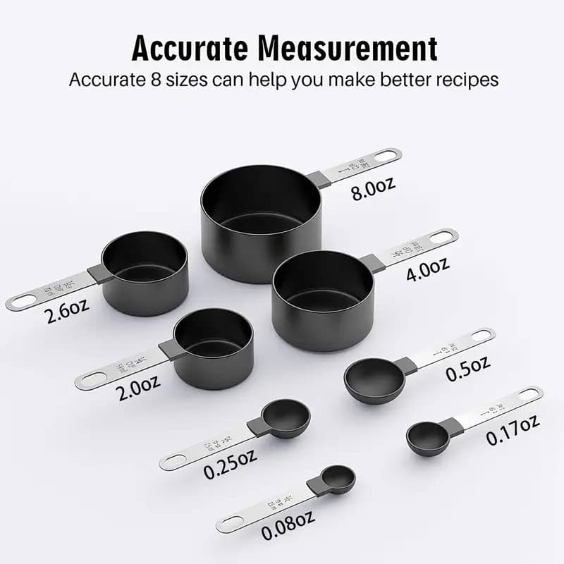 8 honest and accurate measurement cups in various sizes for precise cooking and baking, featuring easy-to-read markings and durable material.