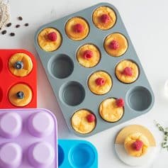 Soft silicone muffin pans in colorful shades, ideal for baking or making healthy snacks and desserts, featured on Monalisa Store for kitchen accessories and baking supplies.