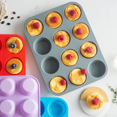 Soft silicone muffin pans in colorful shades, ideal for baking or making healthy snacks and desserts, featured on Monalisa Store for kitchen accessories and baking supplies.
