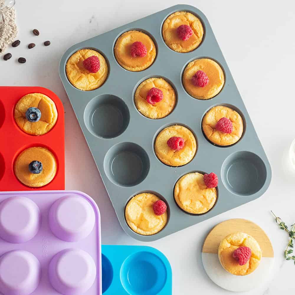 Soft silicone muffin pans in colorful shades, ideal for baking or making healthy snacks and desserts, featured on Monalisa Store for kitchen accessories and baking supplies.