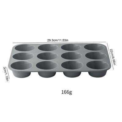 Non-stick silicone muffin pan with 12 cavities, ideal for baking cupcakes, muffins, and petits fours, durable and heat-resistant baking mold.