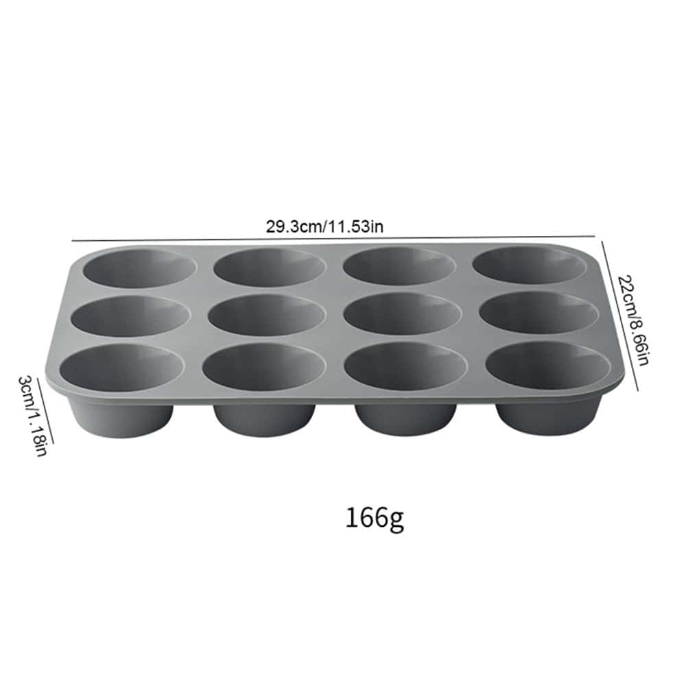 Non-stick silicone muffin pan with 12 cavities, ideal for baking cupcakes, muffins, and petits fours, durable and heat-resistant baking mold.