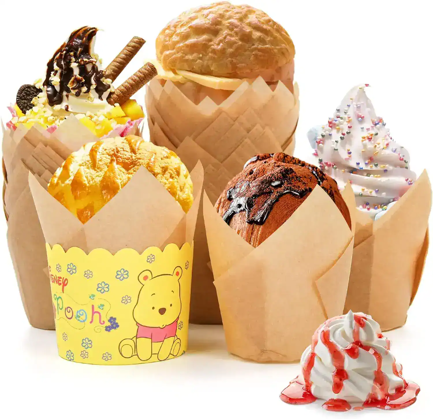 Assorted sweet treats and ice cream desserts in paper cups and cones, perfect for indulgent snacking. Featuring muffins, chocolate-drizzled pastries, and colorful whipped cream on a clean white background.
