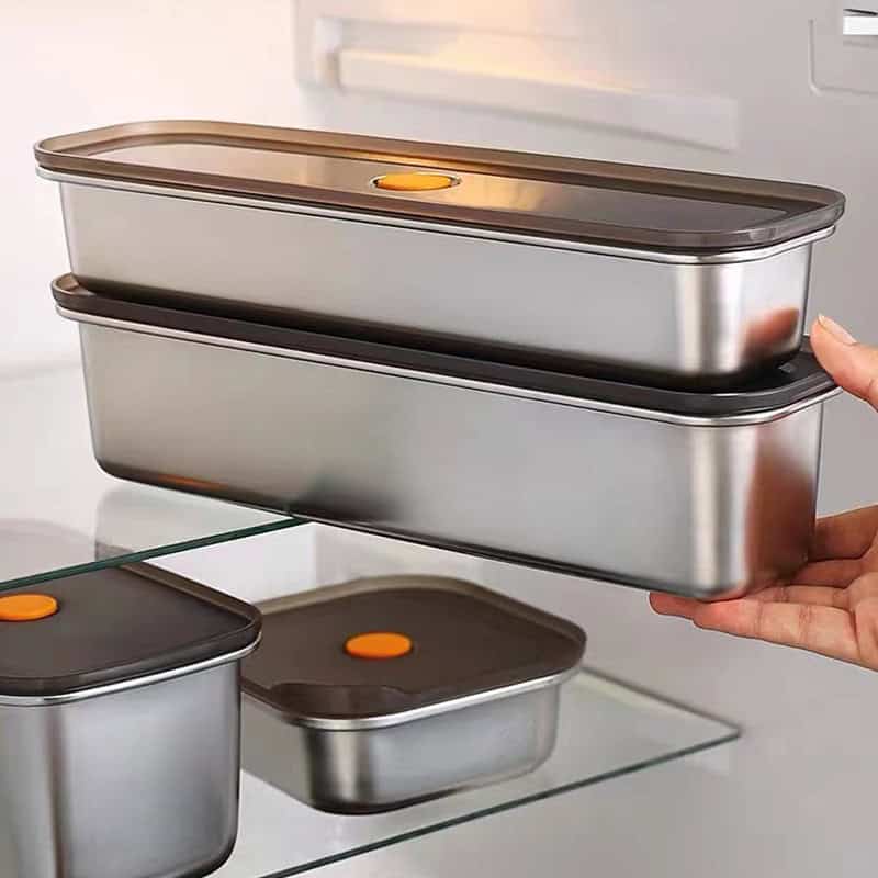 Stainless steel storage containers with black and orange lids, ideal for medical and dental clinics, ensuring hygiene, organization, and efficient storage solutions.