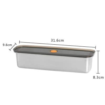 Stainless steel food storage container with lid, 31.6cm x 9.6cm x 8.3cm, sturdy and leak-proof for kitchen organization and meal prep.