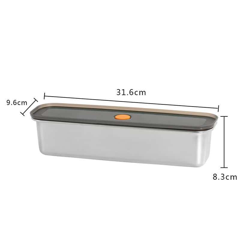 Stainless steel food storage container with lid, 31.6cm x 9.6cm x 8.3cm, sturdy and leak-proof for kitchen organization and meal prep.