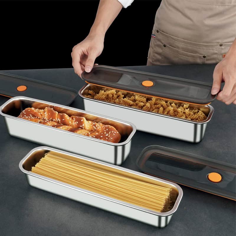 Stainless steel food storage containers with black lids and orange snap closures, ideal for pasta, chicken, and meal prep, from Monalisa Store.