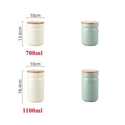 Opaque ceramic storage jars with bamboo lids, available in 700ml and 1100ml sizes, ideal for kitchen and pantry organization.