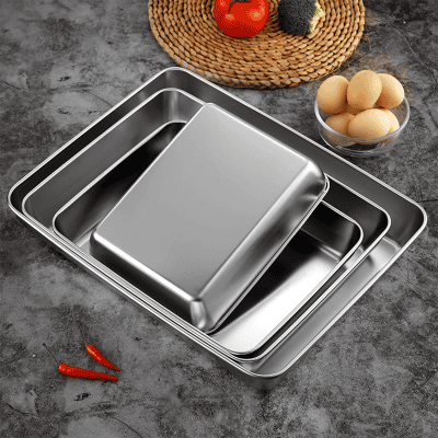 Stainless steel baking pans set, ideal for professional and home kitchens, durable and versatile for roasting, baking, and cooking needs.