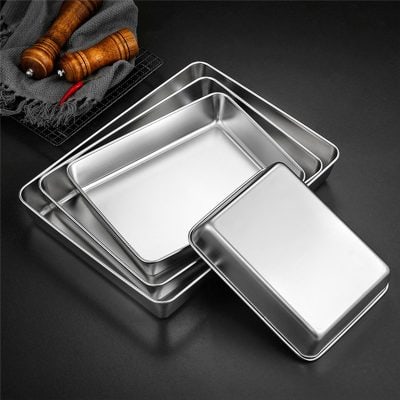 Stainless steel baking pans set, versatile cookware for baking and roasting. Durable, easy to clean, perfect for home kitchen use and professional baking needs. Enhance your cooking with quality bakeware.