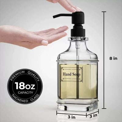 Moisturizing hand soap dispenser with 18oz capacity, made of thickened glass, 8-inch height, perfect for hygiene and skincare in beauty salons, clinics, or home use.