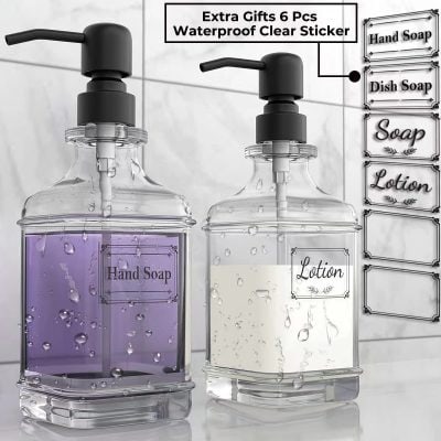 Hand soap dispenser with purple liquid soap and clear lotion inside, featuring black pump tops, water droplets on bottles, designed for bathroom or kitchen use, featured on Monalisa Medical store website.
