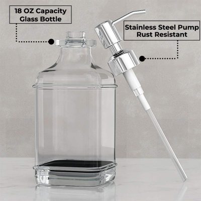 18 oz glass bottle with stainless steel pump, rust-resistant, ideal for skincare and healthcare products at Monalisa Store.