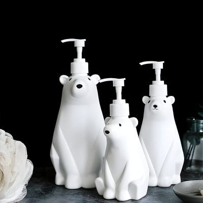 Monalisa store bear-shaped soap dispensers, white plastic bottles with pump tops, modern bathroom accessories, cute and functional home decor, ideal for skincare and hand hygiene, stylish and playful design for everyday use.