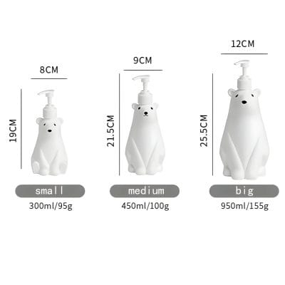 Bear-shaped soap dispensers in small, medium, and large sizes designed for children's bathrooms or playful decor, featuring volume options of 300ml, 450ml, and 950ml.