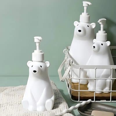 Bears-shaped soap dispensers, cute and functional home accessories for bathroom or kitchen decor.