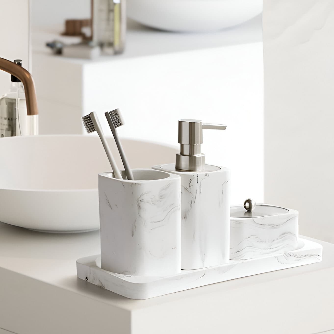 Elegant marble bathroom accessories including toothbrush holder, soap dispenser, and tray, perfect for modern optometry clinics and eyewear stores like Monalisa Store.