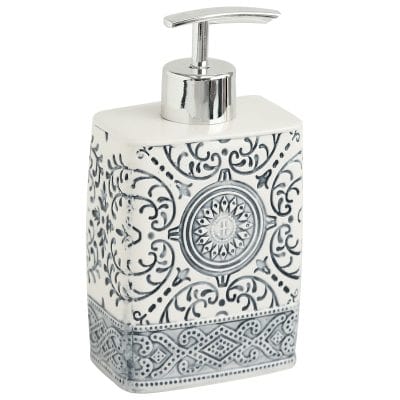 Elegant white soap dispenser with intricate black floral and geometric patterns, perfect for enhancing the aesthetic of an optometry or eyewear store.