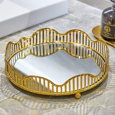 Elegant gold decorative tray with mirror base, ideal for home decor, jewelry, and accessories display, perfect for luxury interiors and stylish organization, available at Monalisa Store.