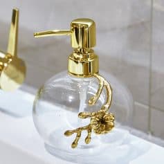 Luxury glass soap dispenser with gold floral detail for bathroom decor, Monalisa Store opt.