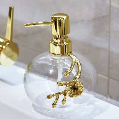 Luxury glass soap dispenser with gold floral detail for bathroom decor, Monalisa Store opt.