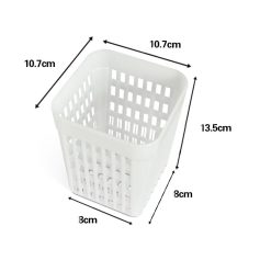 Lightweight white plastic storage basket with rectangular dimensions, ideal for organizing eyewear and accessories in optometry clinics and optical stores.