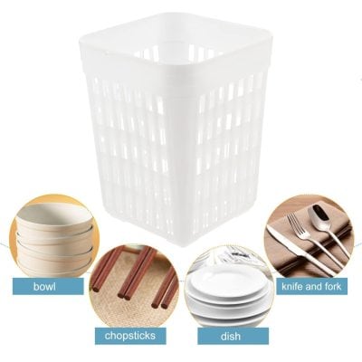 Lightweight white plastic dish sterilizer basket for kitchen and dining storage.