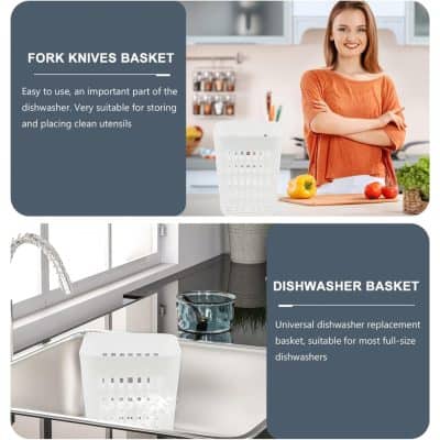 Lightweight white dishwasher basket for organizing utensils in kitchen and dishwasher storage solutions.