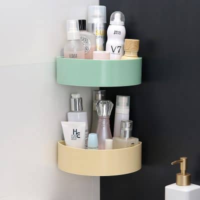 Multiple shelves with skincare and cosmetic bottles for beauty and skincare products at Monalisa Store, emphasizing clean and organized look for cosmetics and skincare brands.