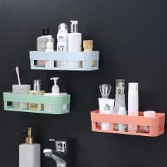 Organized bathroom shelves holding skincare and beauty products at Monalisa Store for optimal skincare routine and product display.