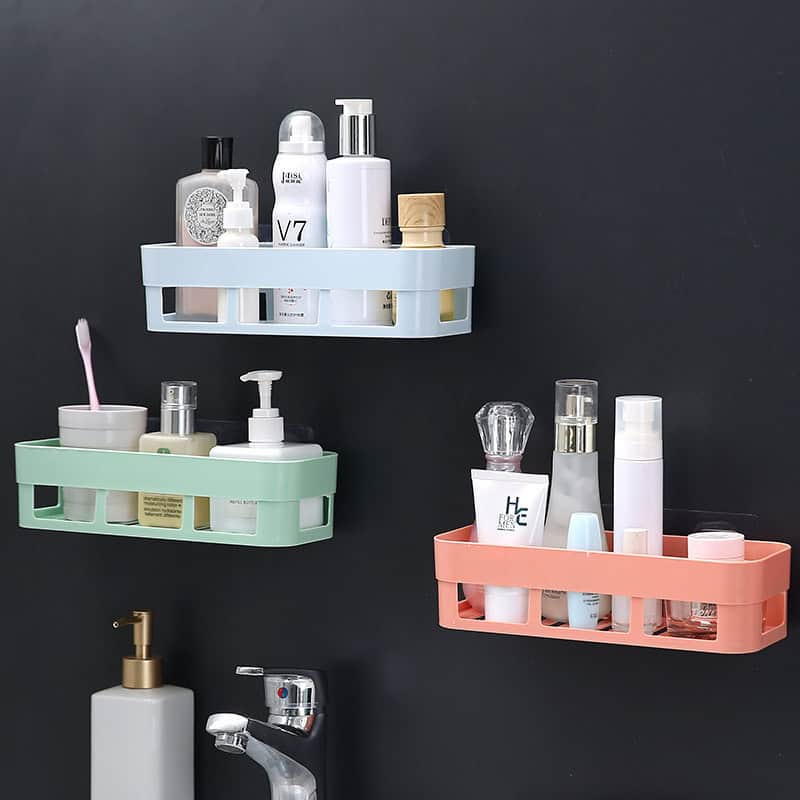 Organized bathroom shelves holding skincare and beauty products at Monalisa Store for optimal skincare routine and product display.