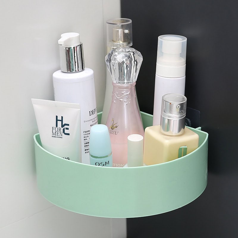 Moisturizer and skincare product bottles in a green corner shelf, ideal for beauty clinics, spas, or skincare salons, showcasing professional skincare storage.