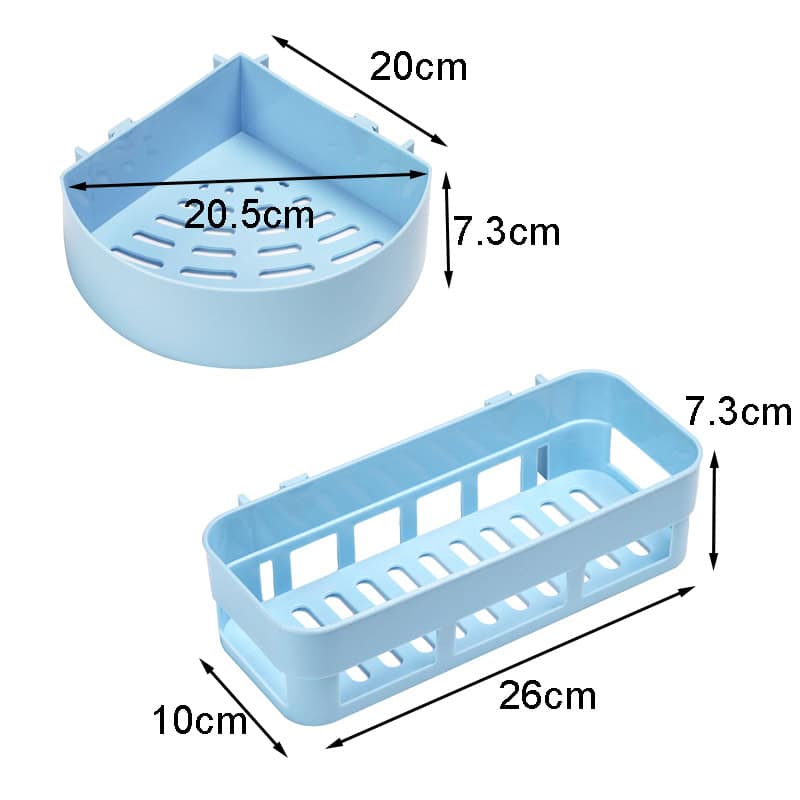 Bright blue plastic bathroom storage caddy set with slotted design for organizing toiletries and accessories.