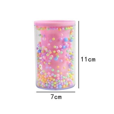 Colorful slime in transparent container with pastel beads, perfect for sensory play and stress relief, measuring 11cm by 7cm.