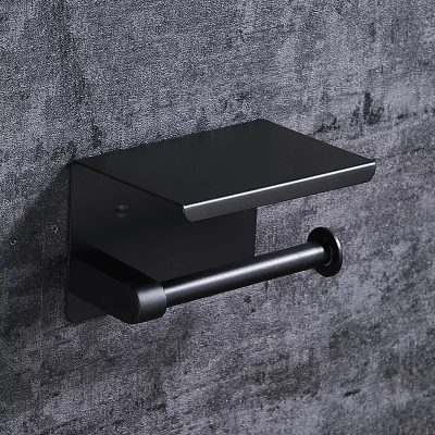 Black modern toilet paper holder with shelf, wall-mounted bathroom accessory for convenience and style.
