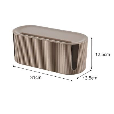 Sleek beige optical storage box with ribbed design, measuring 31cm x 13.5cm x 12.5cm, ideal for organizing contact lenses and eyewear accessories in modern eyewear retail stores or clinics.