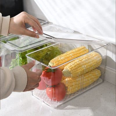 Fresh vegetables stored in a clear plastic container, including corn, tomatoes, and greens at Monalisa Medical Store - your go-to destination for quality optical and health supplies.