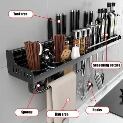 Chic kitchen tool rack with spice bottles, cooking utensils, hooks, and rag area for organized storage in modern kitchens.