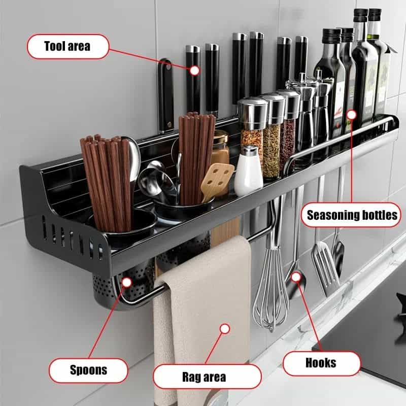 Chic kitchen tool rack with spice bottles, cooking utensils, hooks, and rag area for organized storage in modern kitchens.