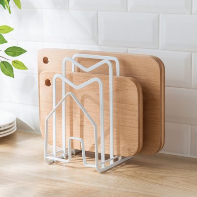 Cutting board and knife holder rack for kitchen, wooden and metal design, countertop organization, space-saving kitchen storage, Monalisa Medical.