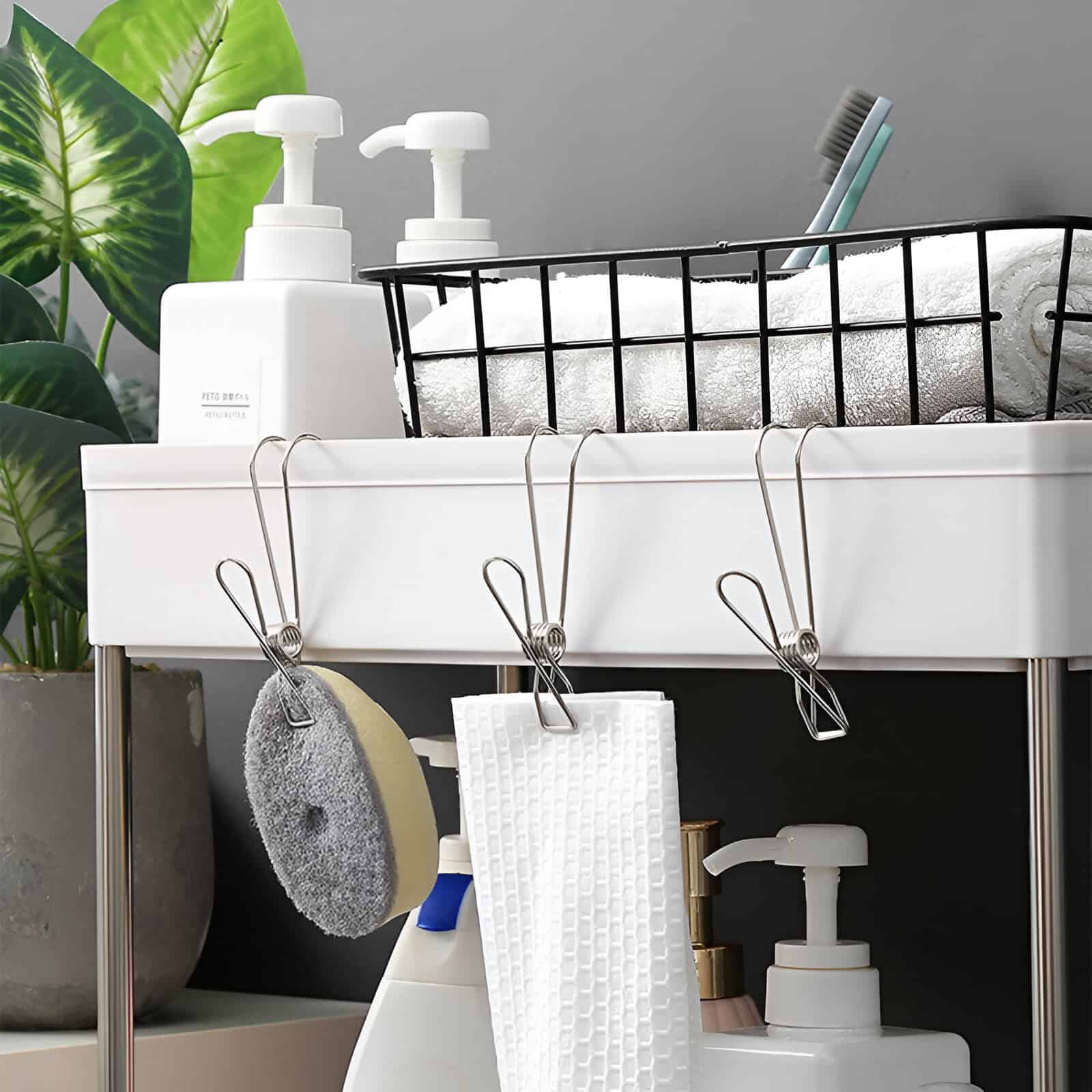 Clean and organized bathroom storage with skincare products, brushes, and towels in a modern workspace, ideal for maintaining personal hygiene and skincare routines.