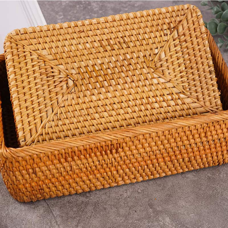 Natural woven rattan storage basket for organizing household essentials.