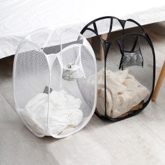 Soft mesh laundry hampers for clothes storage and organization, black and white options, lightweight and portable, ideal for home, laundry room, and closet use.