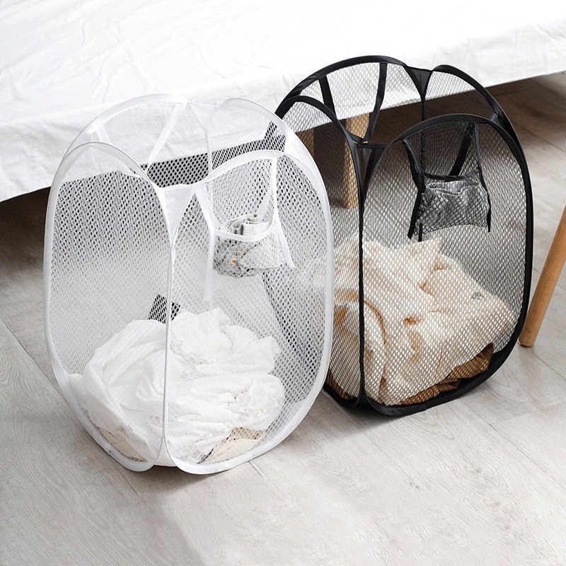 Soft mesh laundry hampers for clothes storage and organization, black and white options, lightweight and portable, ideal for home, laundry room, and closet use.