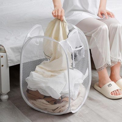 Clothes laundry basket, white mesh wash hamper with handles, laundry bin for dirty clothing, plastic laundry hamper, Monalisa Store laundry organization essentials.