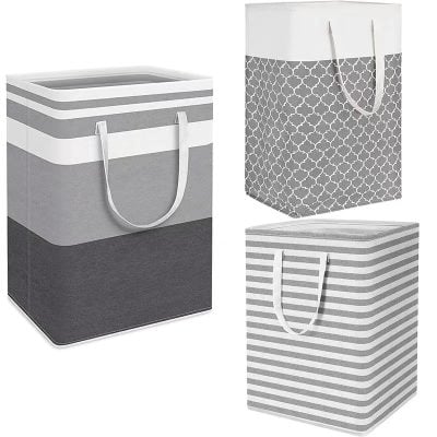 Gray and white striped storage bag with handles, perfect for organizing bedroom or closet essentials.