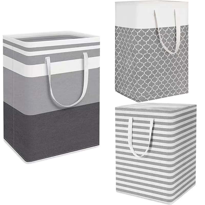 Gray and white striped storage bag with handles, perfect for organizing bedroom or closet essentials.