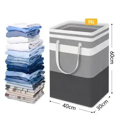 Wrinkled laundry clothes stack next to a collapsible 75L fabric storage bin with handles, perfect for organizing bedding, clothing, and household essentials in a modern home.