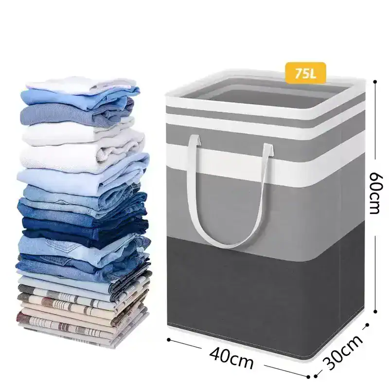 Wrinkled laundry clothes stack next to a collapsible 75L fabric storage bin with handles, perfect for organizing bedding, clothing, and household essentials in a modern home.